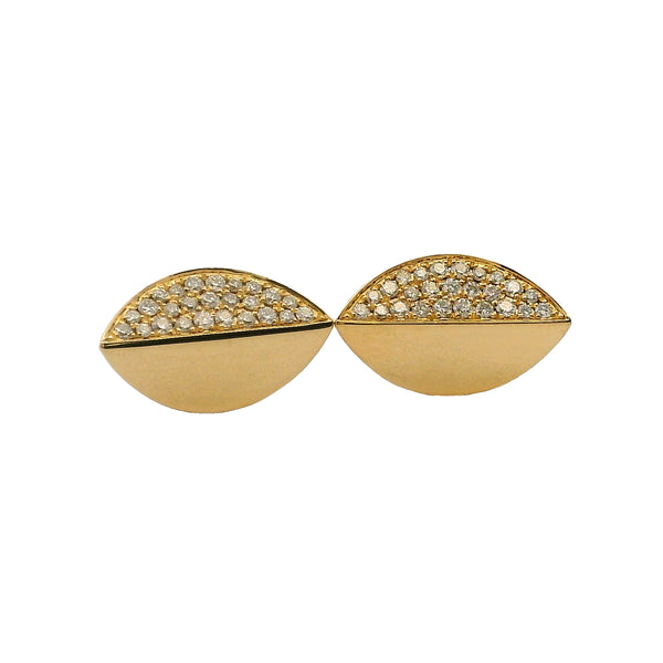 Solid 18kt Yellow Gold and 1/2ctw Diamonds Half Split Leaf Stud 17mm Long Earrings