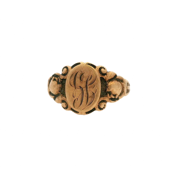 Antique Artcarved 1860-90s Victorian Solid 10kt Rose Gold Signet Ring With Floral and Scroll Motif Engraved with "JG"