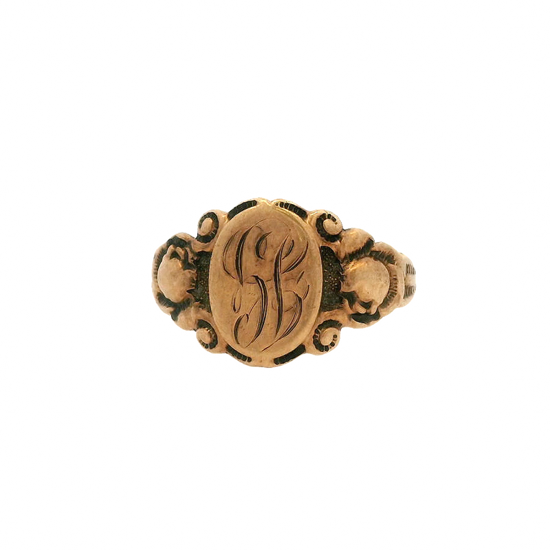 Antique Artcarved 1860-90s Victorian Solid 10kt Rose Gold Signet Ring With Floral and Scroll Motif Engraved with "JG"