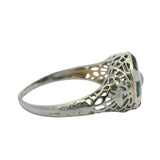 Antique Early 1920s Solid 14kt White Gold Old Euro Diamond and Sapphire Filigree Deco Ring Size 6