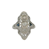 Antique 1920s Art Deco Solid 18kt White Gold 0.29ctw Diamond and Lab Sapphire Filigree Dinner Ring Size 6.5