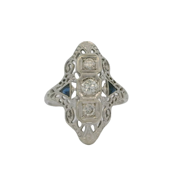 Antique 1920s Art Deco Solid 18kt White Gold 0.29ctw Diamond and Lab Sapphire Filigree Dinner Ring Size 6.5