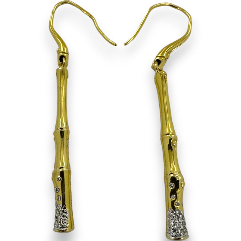 Retired Rare John Hardy 12 Bamboos Collection Solid 18kt Yellow Gold Bamboo Stick Hook Dangle Earrings with Diamonds