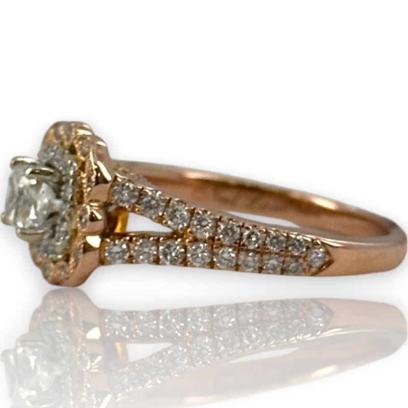 Neil Lane Retired Solid 14kt Rose Gold Cushion Cut Prong Set Diamond Engagement Ring with Double Halo and Diamond Split Sides Size 8.5