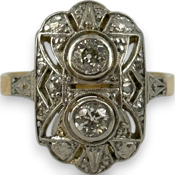 Antique 1900-1920 18kt Yellow and White Gold 2-Stone Old Mine Cut Diamond Dinner Ring with Diamond Chip Accents Size 6.5