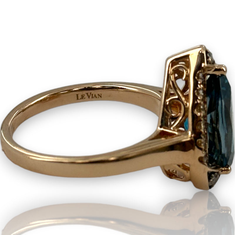LeVian Signed Solid 14kt Strawberry Rose Gold and Pear Shaped Deep Sea Blue Topaz Ring with Diamond Halo Size 6.75