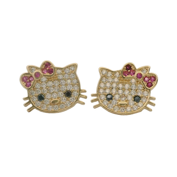 Solid 14kt Yellow Gold, CZ, and Ruby Bow Hello Kitty Face Stud Earrings