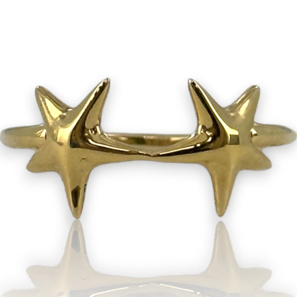 14kt Yellow Gold Double Star Ring with Thin Band Size 10.75
