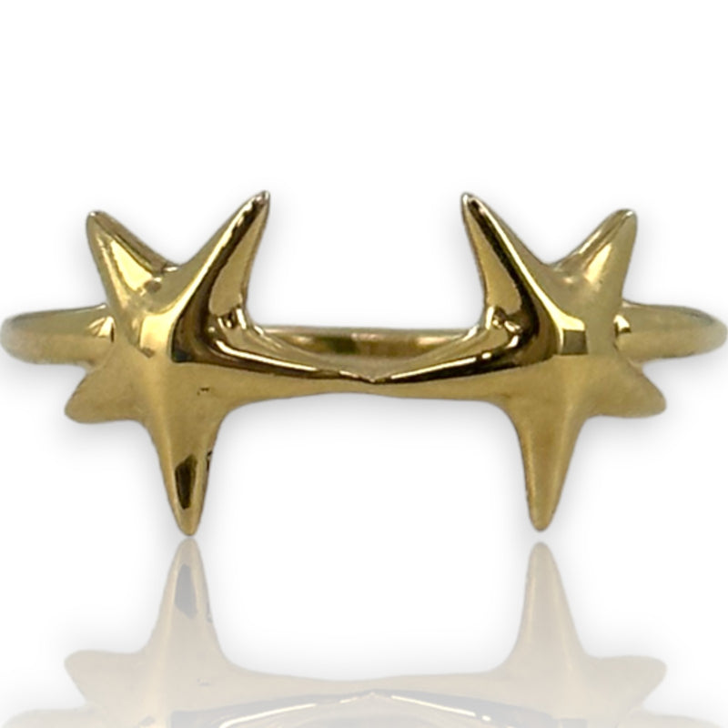 14kt Yellow Gold Double Star Ring with Thin Band Size 10.75