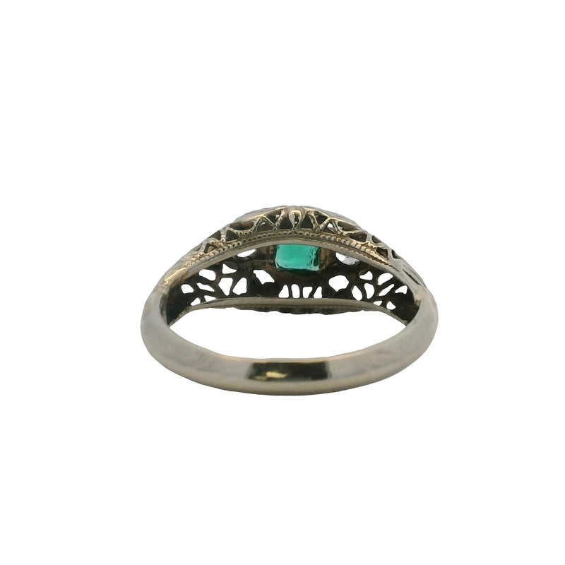 Antique 1920s Solid 14kt White Gold, Diamond, and Glass Emerald 3-Stone Ring Size 2.5