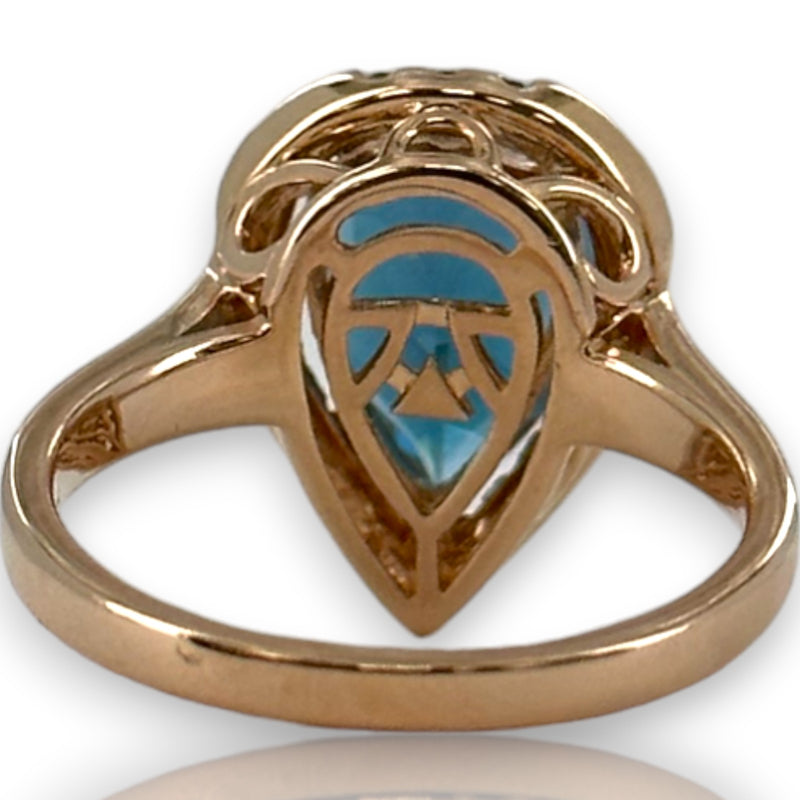 LeVian Signed Solid 14kt Strawberry Rose Gold and Pear Shaped Deep Sea Blue Topaz Ring with Diamond Halo Size 6.75