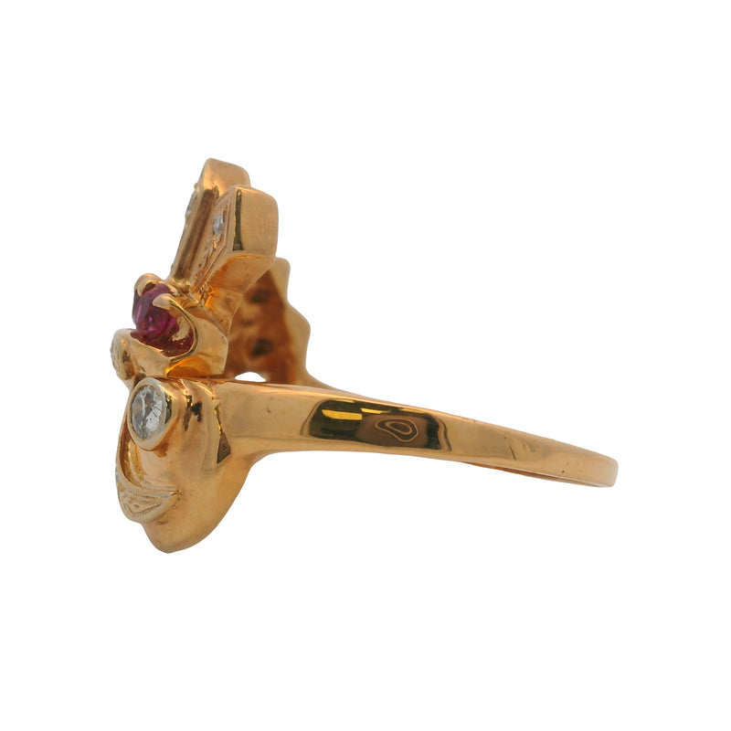 Vintage 1930s Retro 14kt Yellow Gold Diamond and Lab Ruby Cornucopia Cocktail Ring Size 10