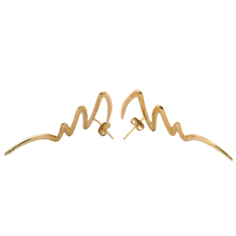 Solid 14kt Yellow Gold Zig-Zag Brushstroke Long Stud Earrings