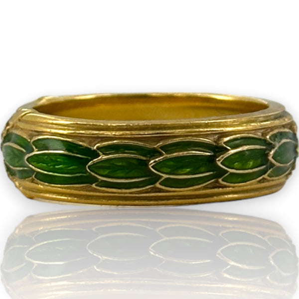 Metropolitan Museum of Art Forbes Collection 14kt Yellow Gold and Green Guilloche Enamel Ring Band With Diamond X