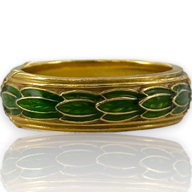 Metropolitan Museum of Art Forbes Collection 14kt Yellow Gold and Green Guilloche Enamel Ring Band With Diamond X