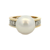 Vintage Solid 18kt Yellow White Gold South Sea Pearl 0.64ctw Diamond Ring Size 5