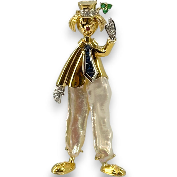 Vintage 18kt Yellow Gold Happy Clown Brooch/Pendant with Baroque Pearl Pants, Sapphires, Emeralds, Diamonds, and Ruby Nose
