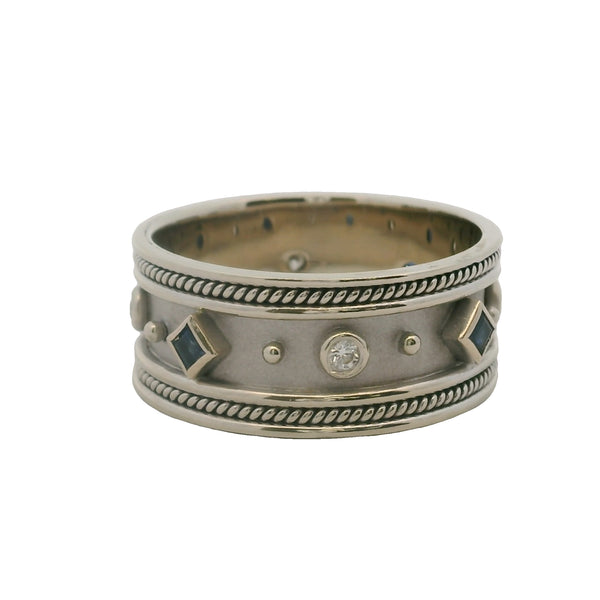 Solid 14kt White Gold Diamond and Sapphire 10mm Wide Rope Detail Band Ring Size 11