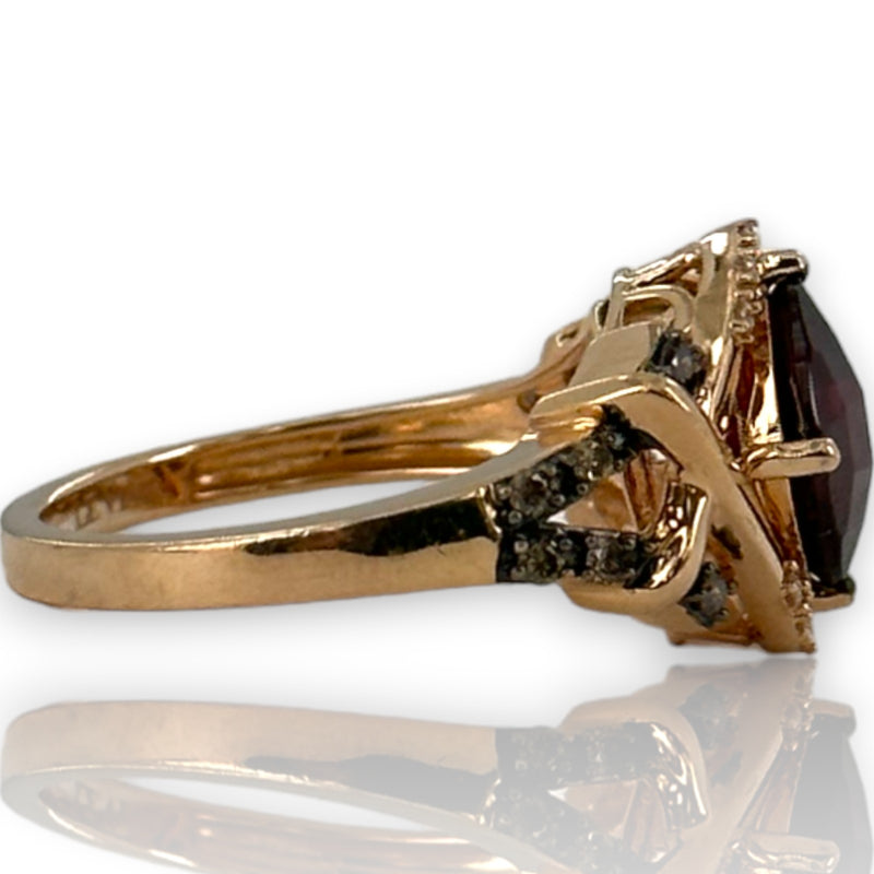 LeVian 14kt Solid Rose Gold Raspberry Rhodolite Garnet Ring with Accent Chocolate Cognac and White Vanilla Diamonds Size 7