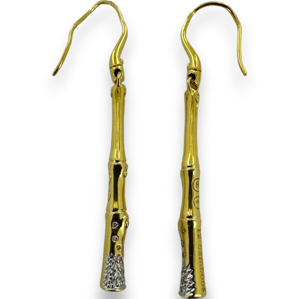 Retired Rare John Hardy 12 Bamboos Collection Solid 18kt Yellow Gold Bamboo Stick Hook Dangle Earrings with Diamonds