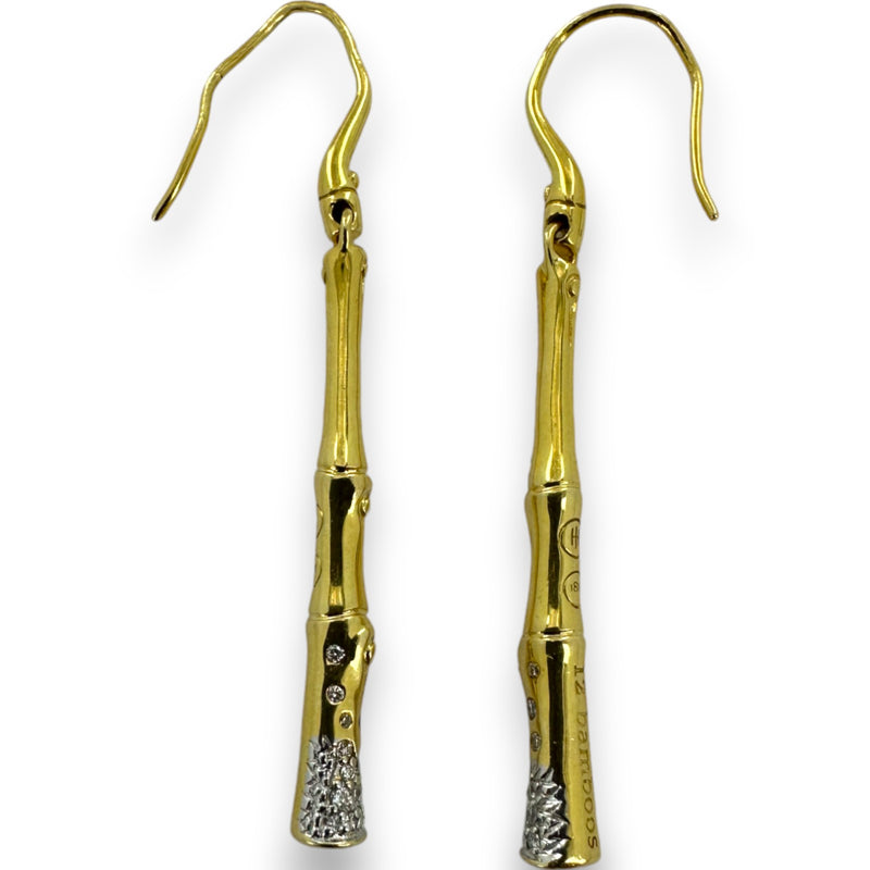 Retired Rare John Hardy 12 Bamboos Collection Solid 18kt Yellow Gold Bamboo Stick Hook Dangle Earrings with Diamonds