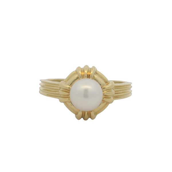 Vintage Tiffany & Co Solid 18kt Yellow Gold Grooved Akoya Pearl Solitaire Ring Size 6.25