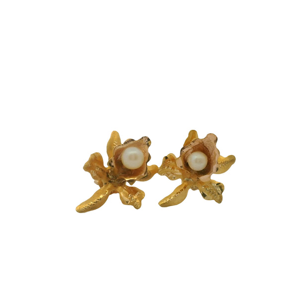 Vintage 18kt Yellow 3D Gold and Pearl Orchid Flower Stud Earrings