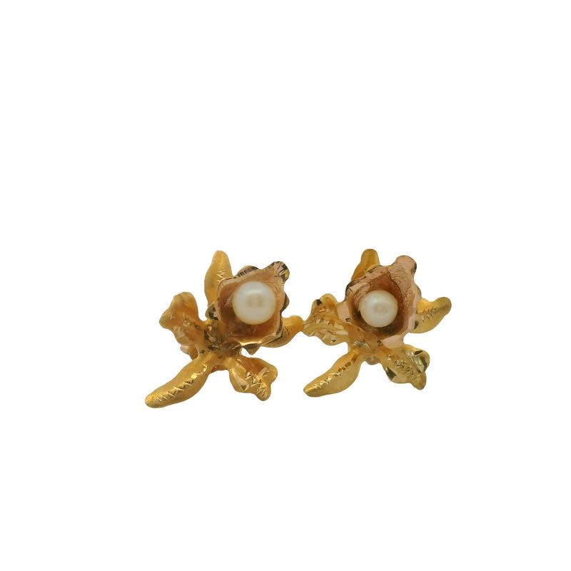 Vintage 18kt Yellow 3D Gold and Pearl Orchid Flower Stud Earrings