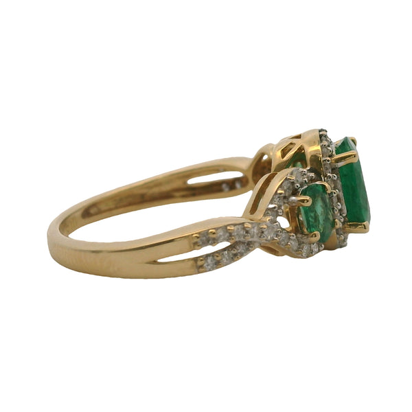 Natural Emerald & Diamond Halo Accent Band 14K 585 Yellow Gold Ring Size 5 1/2