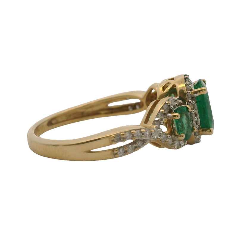 Natural Emerald & Diamond Halo Accent Band 14K 585 Yellow Gold Ring Size 5 1/2