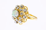 Vintage 1960-80s Opal & Diamond Cluster Rope Accent 14K 585 Yellow Gold Cocktail Ring Size 3 3/4