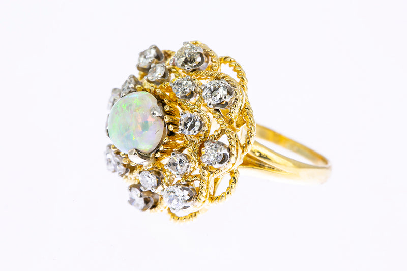 Vintage 1960-80s Opal & Diamond Cluster Rope Accent 14K 585 Yellow Gold Cocktail Ring Size 3 3/4