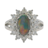 Solid 14kt White Gold Gray Opal Cocktail Ring with Double Diamond Starburst Halo Size 7