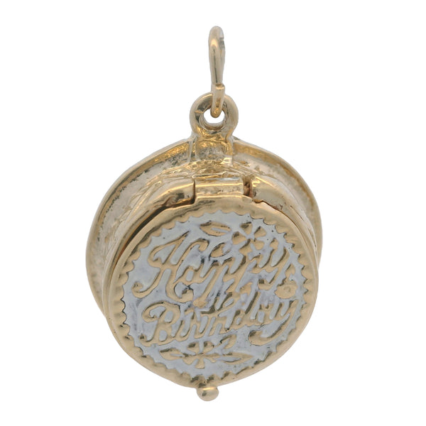 Dije grande de pastel de cumpleaños y vela con apertura en oro amarillo de 14 kt y esmalte blanco