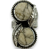 Handmade 925 Sterling Silver and Natural Howlite 2-Stone Full Finger Ring with Leaf Motifs and Hammered Band Size 7.5