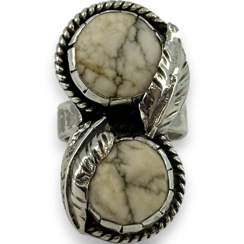 Handmade 925 Sterling Silver and Natural Howlite 2-Stone Full Finger Ring with Leaf Motifs and Hammered Band Size 7.5