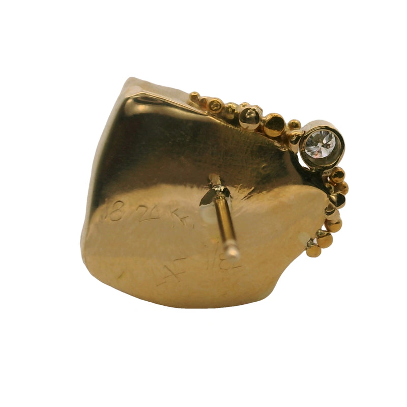 18kt Yellow Gold Handmade Bezel Set Watermelon Tourmaline Slice and Diamond Brutalist Stud Earrings