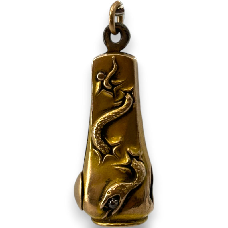 Antique Late Victorian 10kt Yellow Gold Pocket Watch Chain Fob Cigar Cutter Snake Detail with Paste Glass Charm Pendant
