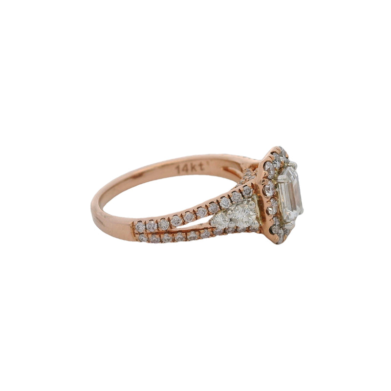 14kt Rose Gold and Emerald-Cut CZ Center Ring With Diamond Halo and Band Size 7