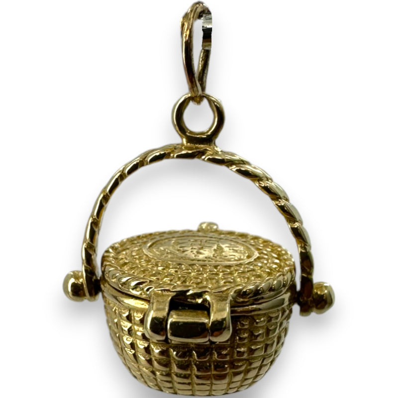 Vintage Picnic Basket Openable Charm Pendant Solid 14kt Yellow Gold