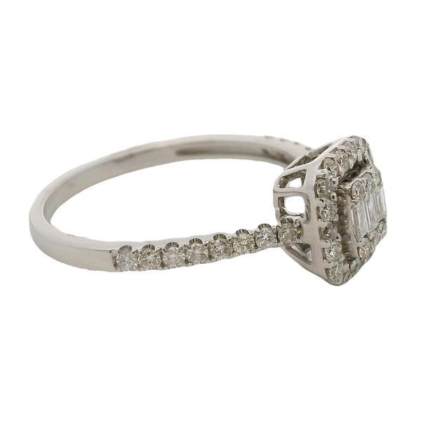 18kt White Gold and Round and Baguette Diamond Cluster Halo Ring Size 6.75