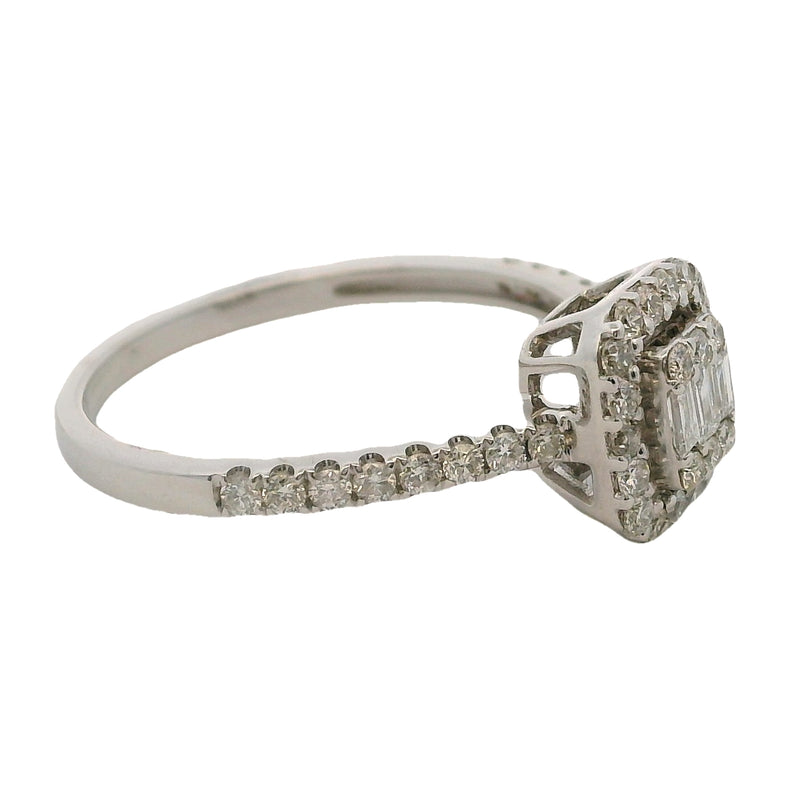18kt White Gold and Round and Baguette Diamond Cluster Halo Ring Size 6.75