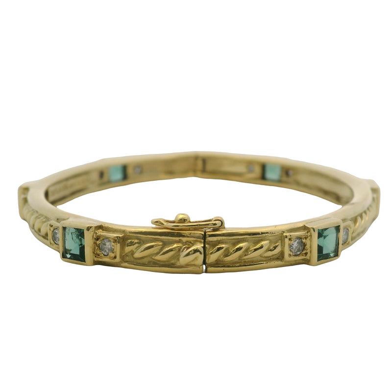 Vintage 1994 Judith Ripka 18kt Yellow Gold Green Tourmaline and Diamond Hinged Bangle 7"