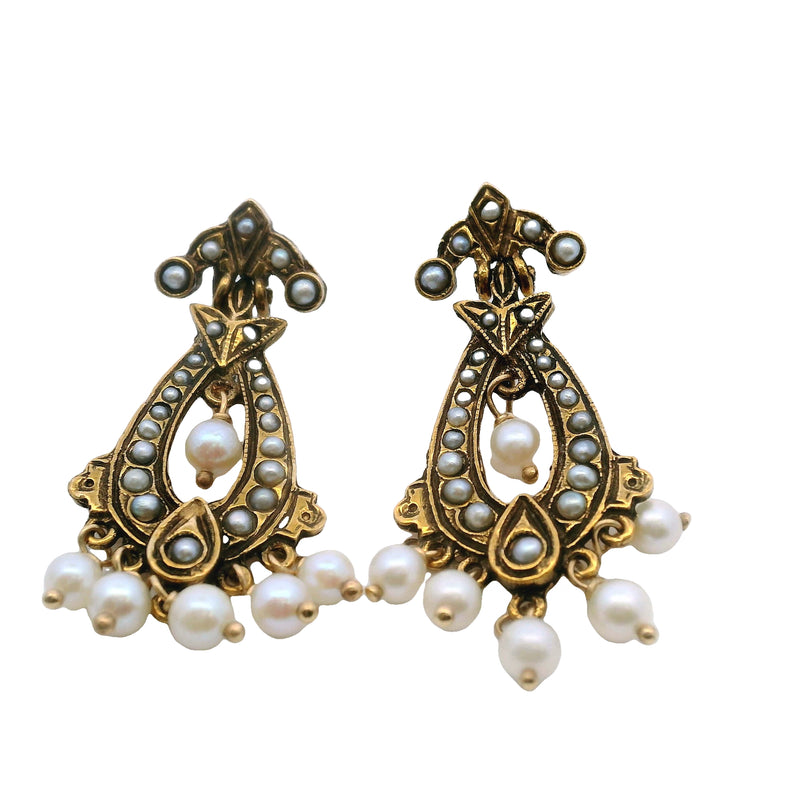 Vintage Victorian Revival 14kt Yellow Gold and Freshwater Seed Pearl Drop/Dangle Earrings