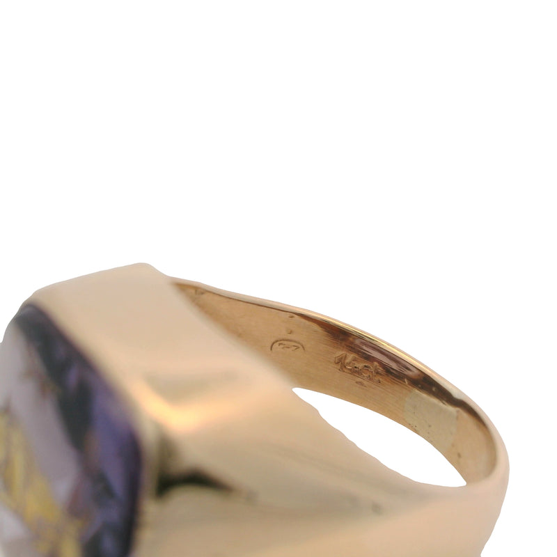 Vintage 1970-80s 14kt Yellow Gold Amethyst and Gold Enamel Bull Taurus Signet Ring Size 3.5
