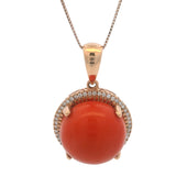 Solid 14kt Rose Gold 16mm Round Coral Pendant with Diamond Halo on 20" Thin Box Chain