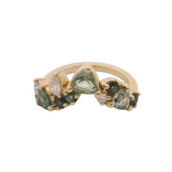 14kt Yellow Gold Blue and Green Sapphires and Diamond Chevron Crown Ring