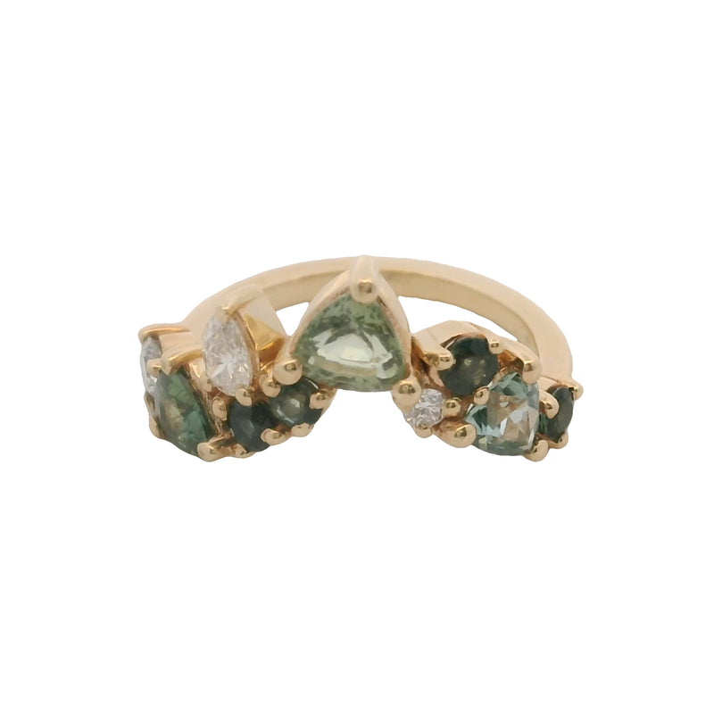14kt Yellow Gold Blue and Green Sapphires and Diamond Chevron Crown Ring