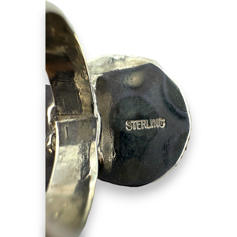 Handmade 925 Sterling Silver and Natural Howlite 2-Stone Full Finger Ring with Leaf Motifs and Hammered Band Size 7.5