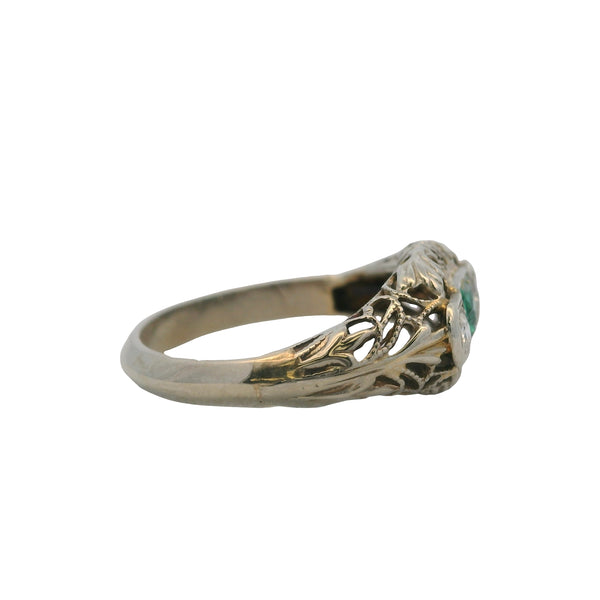 Antique 1920s Solid 14kt White Gold, Diamond, and Glass Emerald 3-Stone Ring Size 2.5
